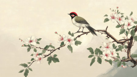 Vintage painting of a bird sitting on a branch of sakuraの素材