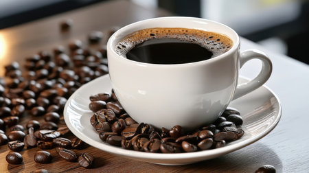 Cup of coffee with beans on table in cafe, closeupの素材