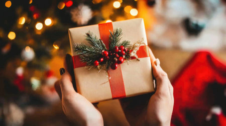 Female hands holding Christmas gift box on background of Christmas tree and lightsの素材
