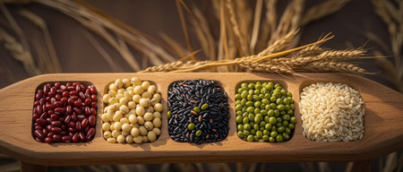 various types of grains on a wooden board, close-upの素材