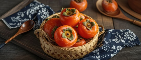 Ripe persimmons in a basket on a wooden table.の素材