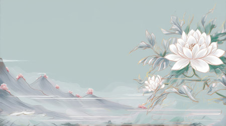 Beautiful landscape with a lotus flower and mountains. Digital painting.の素材