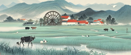 Water mill and cows in the meadow. Vintage style illustration.の素材