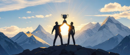 Conceptual 3D business people on top of a mountain with a trophyの素材