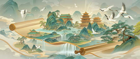 Illustration of a Chinese Landscape with a Chinese Temple and Mountainsの素材