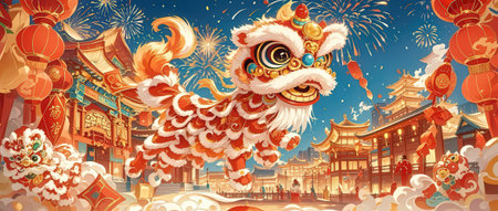 Chinese New Year banner with traditional lion and firecracker. Vector illustrationの素材
