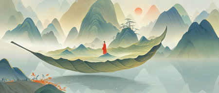 Mountains and woman in a red dress on the lake. Vector illustration.の素材