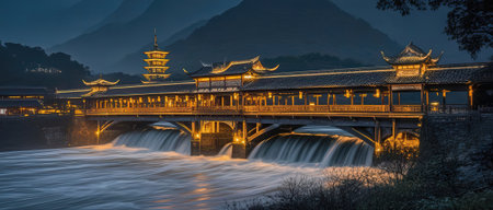 Long exposure of the bridge and buddhist temple at night.の素材