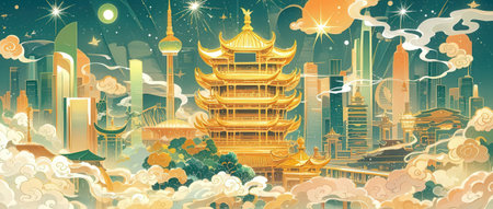 Chinese city landscape with pagodas and clouds. Vector illustration.の素材