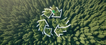 Recycling symbol in the forest. 3d render illustration.の素材