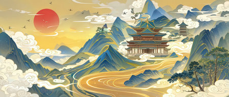 Landscape of mountains and pagoda. Vector illustration in a cartoon style.の素材