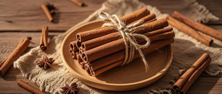 Cinnamon sticks and anise on a wooden background. Selective focus.の素材