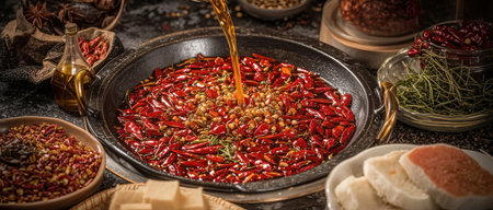 Spices and herbs for cooking on the table in composition with kitchen accessoriesの素材