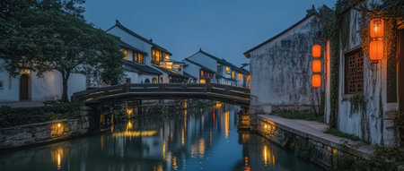 Wuzhen ancient town at night, Zhejiang, Chinaの素材