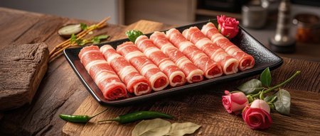 Raw sliced pork belly in black plate on wooden table, ready for cookingの素材