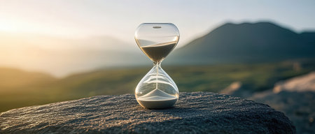 Hourglass on nature background. Business and time management concept. Copy spaceの素材