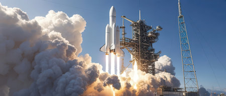Space rocket launch into the sky. 3D Rendering, 3d illustrationの素材