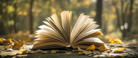 Open book with autumn leaves in the forest. Selective focus.の素材