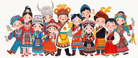 Cute Chinese family in traditional costume. Vector illustration of Chinese characters.の素材