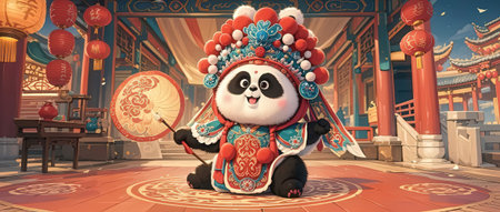 panda in chinese traditional costume sitting on the floor, 3d illustrationの素材