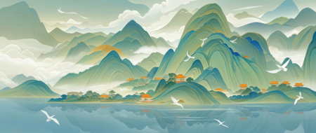 Landscape with mountains, clouds and sea. Panoramic illustration.の素材