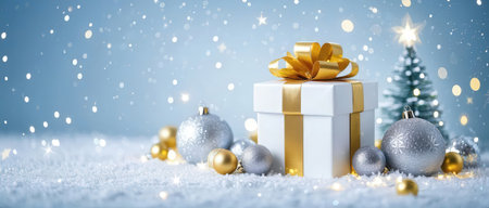 Christmas gift box with golden bow and baubles on snow backgroundの素材