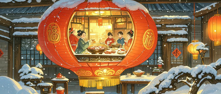 Illustration of a Chinese New Year lanterns in a snowy village.の素材