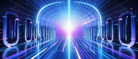 Futuristic tunnel corridor with glowing neon lights. 3d renderingの素材