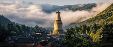 Buddhist stupa in a foggy valley in Xian, Chinaの素材
