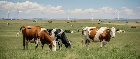 Herd of cows grazing in a meadow with wind turbines in the backgroundの素材
