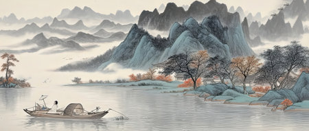 Digital painting of a fishing boat on a lake with mountains in the backgroundの素材