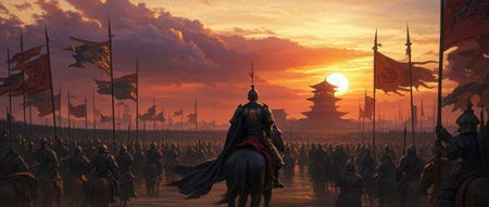 Medieval battle scene with cavalry and infantry, 3d render illustrationの素材