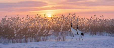 The Red-crowned crane (Grus japonensis) in the snow at sunset.の素材