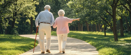 Senior couple walking in the park. Elderly people walking in the park.の素材