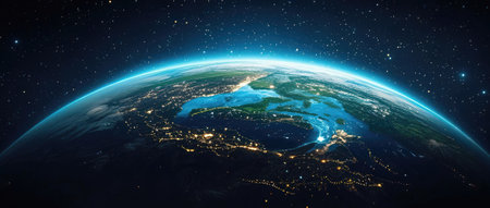 Planet Earth view from space showing realistic earth surface and city lights.の素材