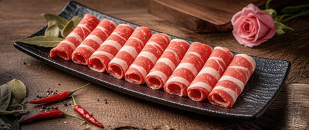 Raw beef strips on a black plate. On a wooden background.の素材