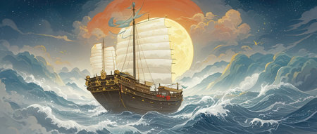 Illustration of a pirate ship sailing in the sea at sunset.の素材