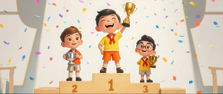 3d illustration of children celebrating success with a trophy in the roomの素材