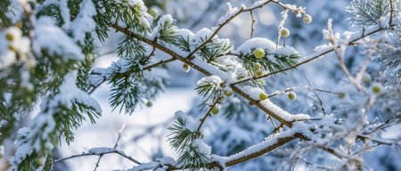 Snow on the branches of a coniferous tree in winter.の素材