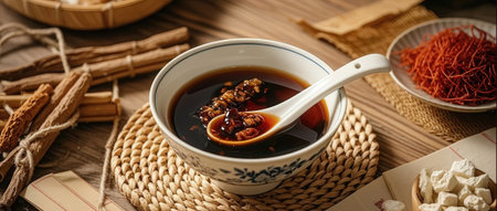 Chinese tea in a bowl on a wooden table, close-upの素材