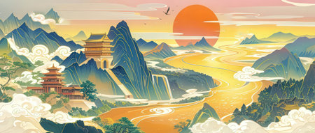 Landscape of ancient China. Vector illustration for your design, banner, posterの素材