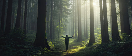Rear view of woman with arms outstretched standing in dark forestの素材