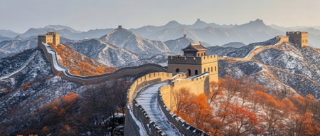 Great Wall of China at sunset in winter,panoramic viewの素材