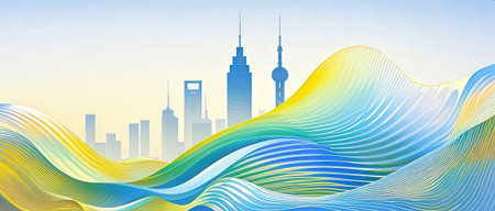 Shanghai skyline background with wavy lines. Vector illustration.の素材