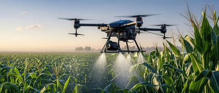 Agriculture drone spraying fertilizer on corn field, 3D renderingの素材