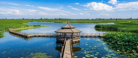 Panoramic view of a pavilion in the middle of a lakeの素材