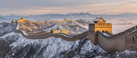 Majestic Great Wall of China in winter, panoramic viewの素材