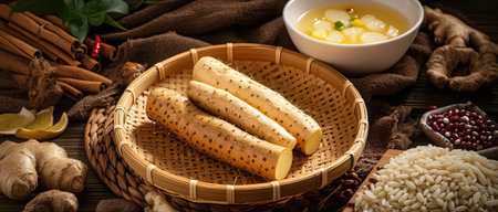 Cooked sticky rice in bamboo basket on wooden table, stock photoの素材