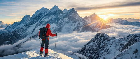 Hiker in Himalaya mountains at sunset, Nepal. Panoramaの素材