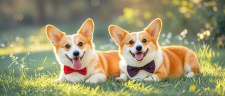 Two Welsh Corgi Pembroke welsh corgi dogs in bowtie lying on green grassの素材